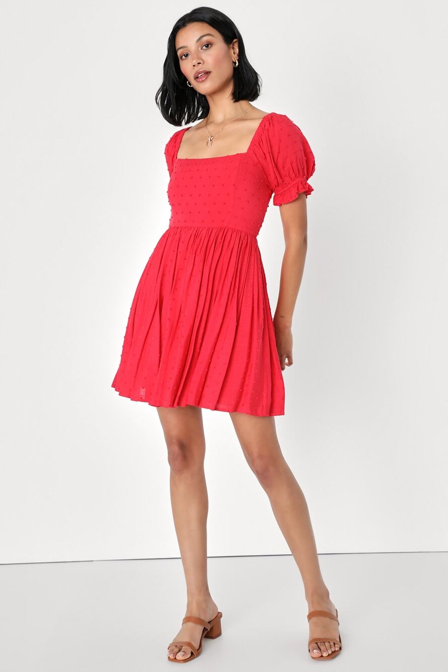 Lulus Positano Poise Red Puff Sleeve Swiss Dot Mini Dress Size M